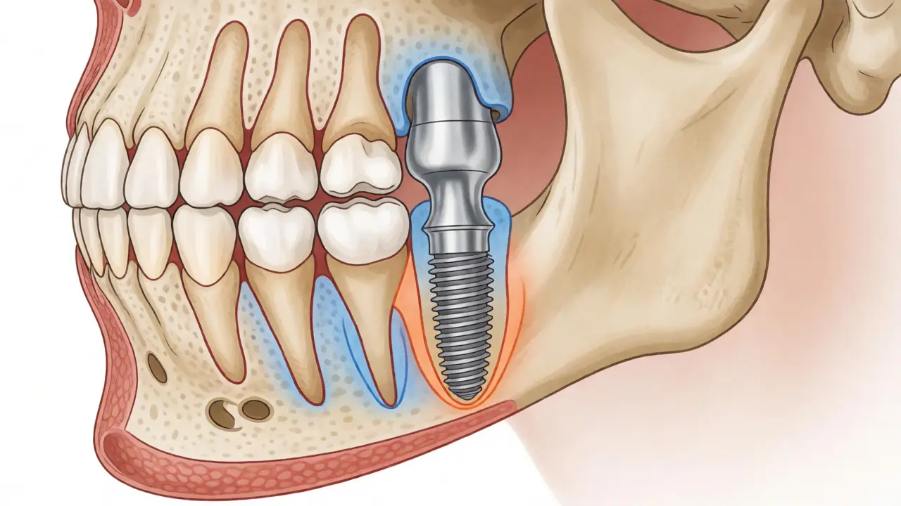 Lékařská ilustrace zavádění titanového zubního implantátu do čelistní kosti.