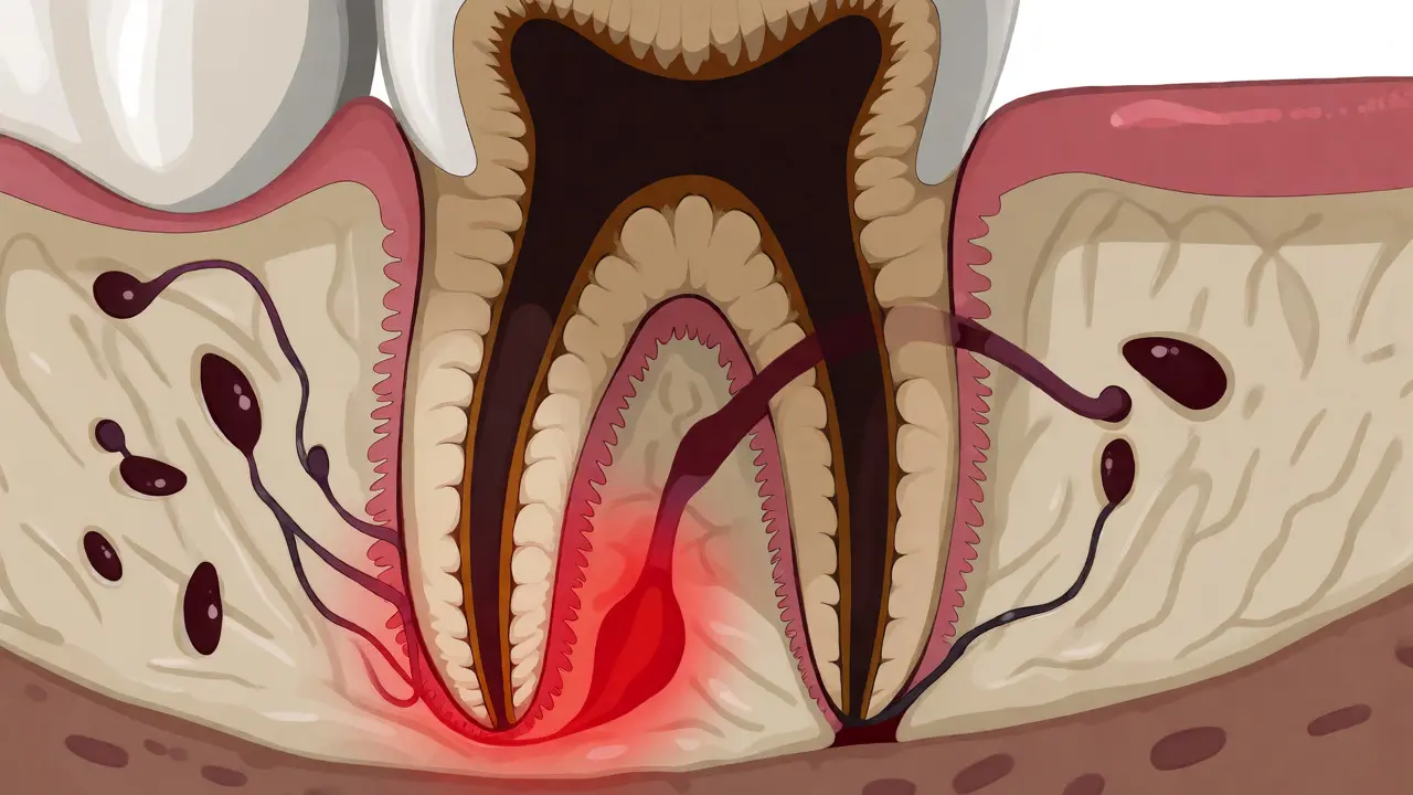 Medicínská ilustrace abscesu u kořene mrtvého zubu v kosti
