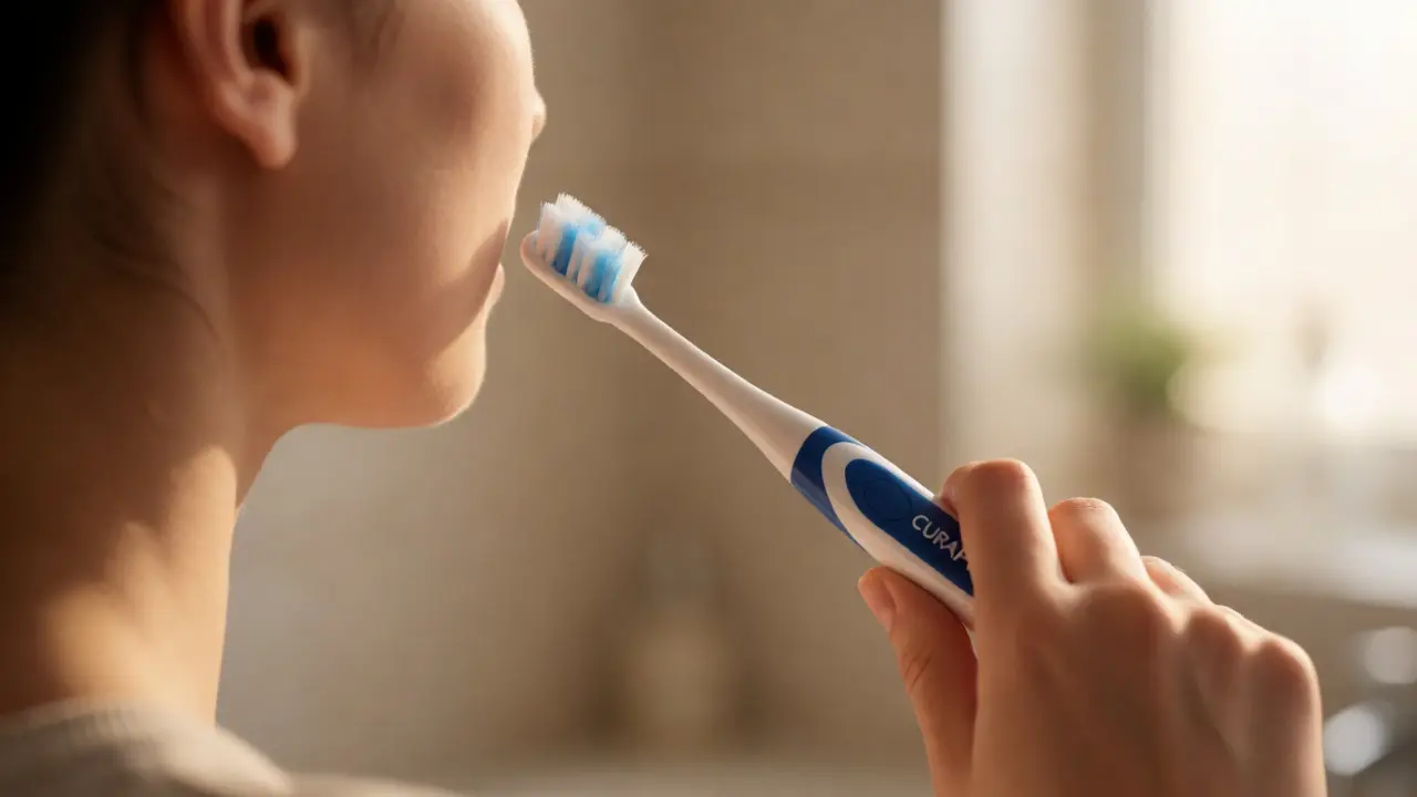 Osoba čistící zuby kartáčkem Curaprox pod úhlem 45 stupňů k dásni pomocí techniky Bass.
