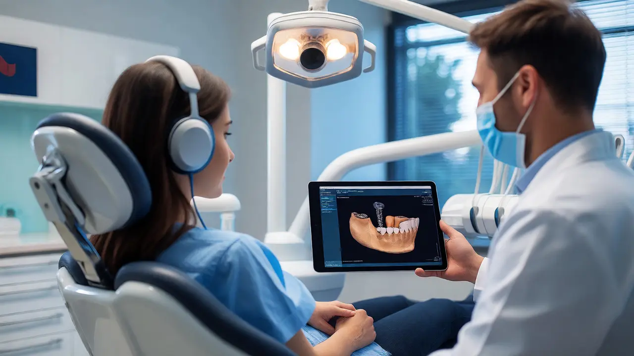 Pacient v zubním křesle poslouchá hudbu při konzultaci o implantátu