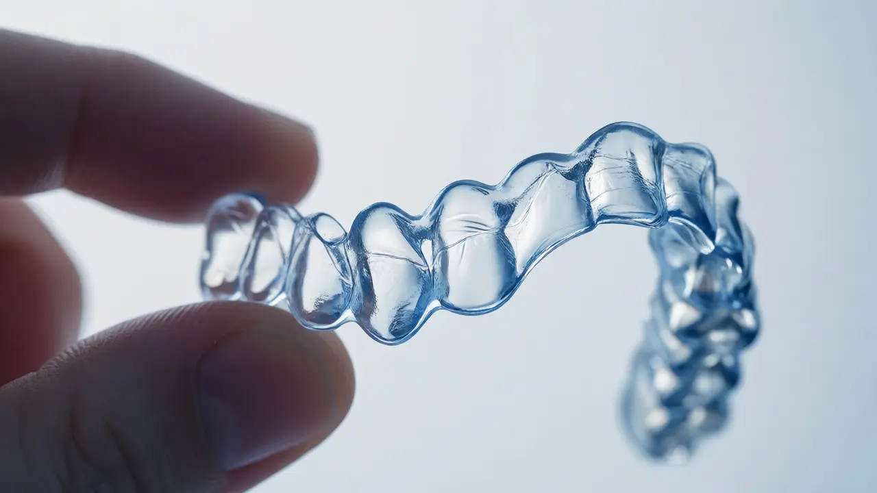 Průhledný plastový aligner držený prsty na čistém klinickém pozadí