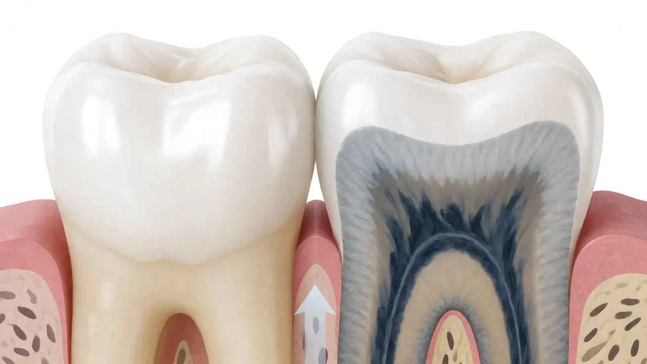 Řez zubem ukazující hluboké pigmentové komplexy v dentinu u tetracyklinových skvrn