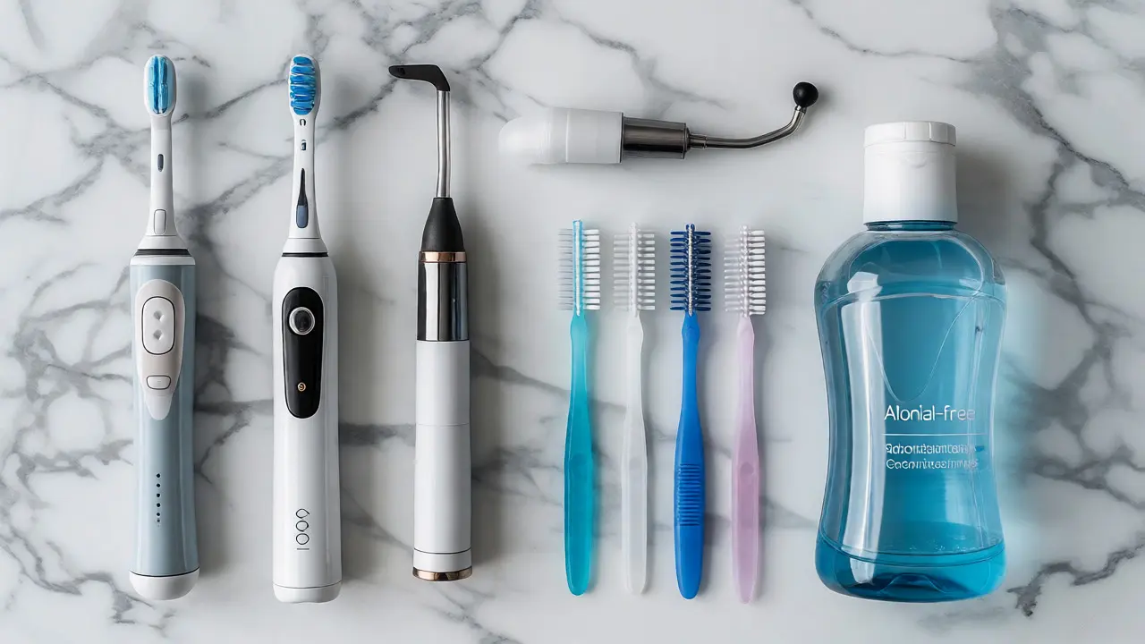 Sada speciálních pomůcek pro hygienu zubů: elektrický kartáček, irigátor a mezizubní kartáčky