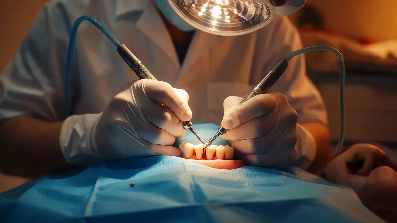 Stomatolog provádí ošetření kořenových kanálků pod chirurgickým světlem