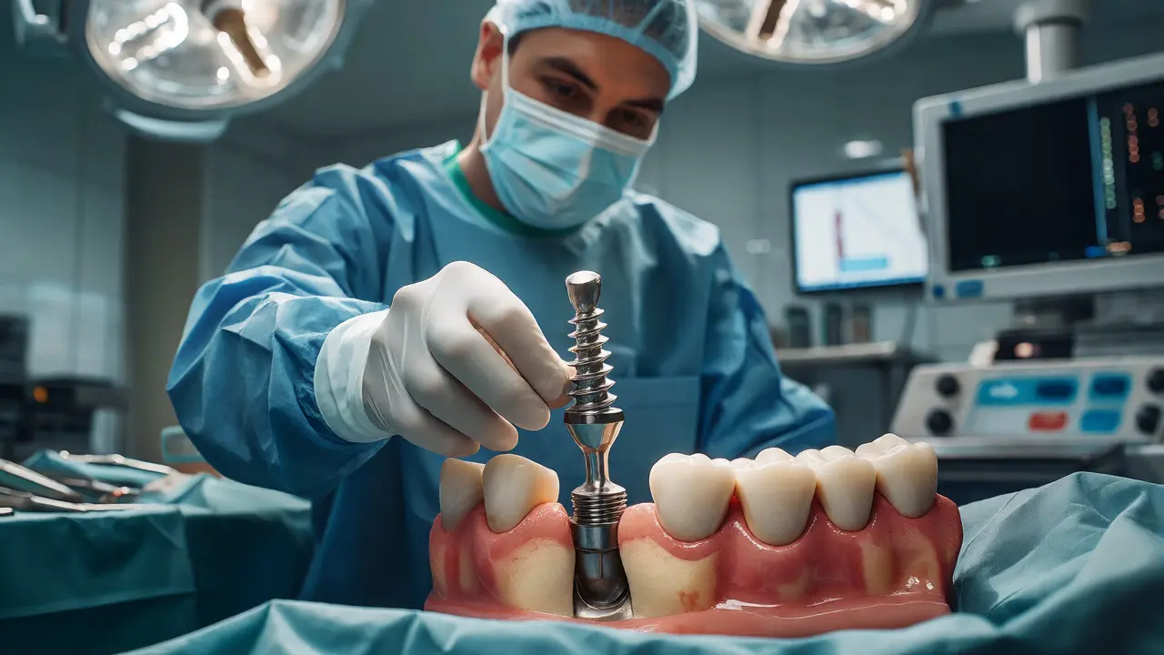 Chirurgické umístění titanového zubního implantátu do čelisti