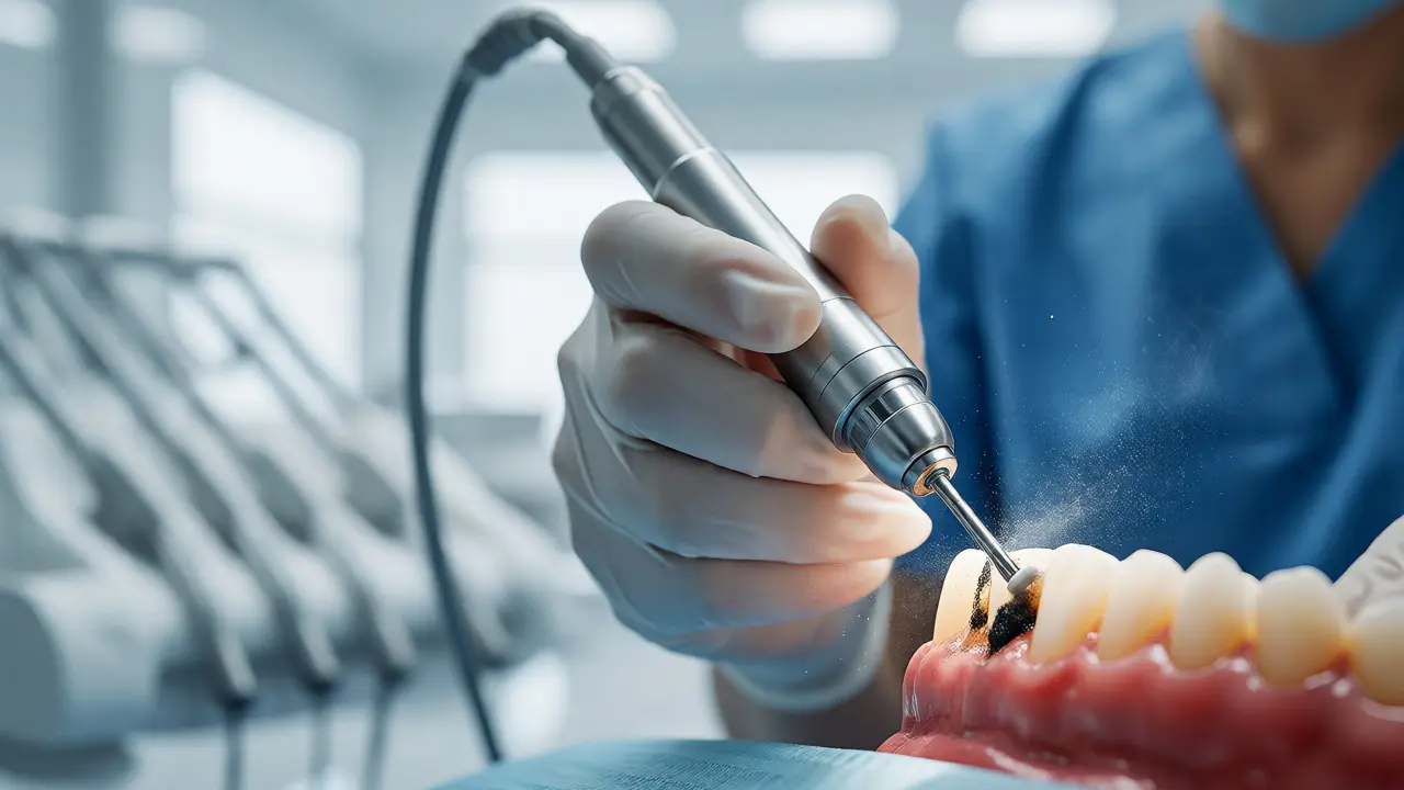 Dentální hygienistka odstraňuje kámen ultrazvukovým přístrojem