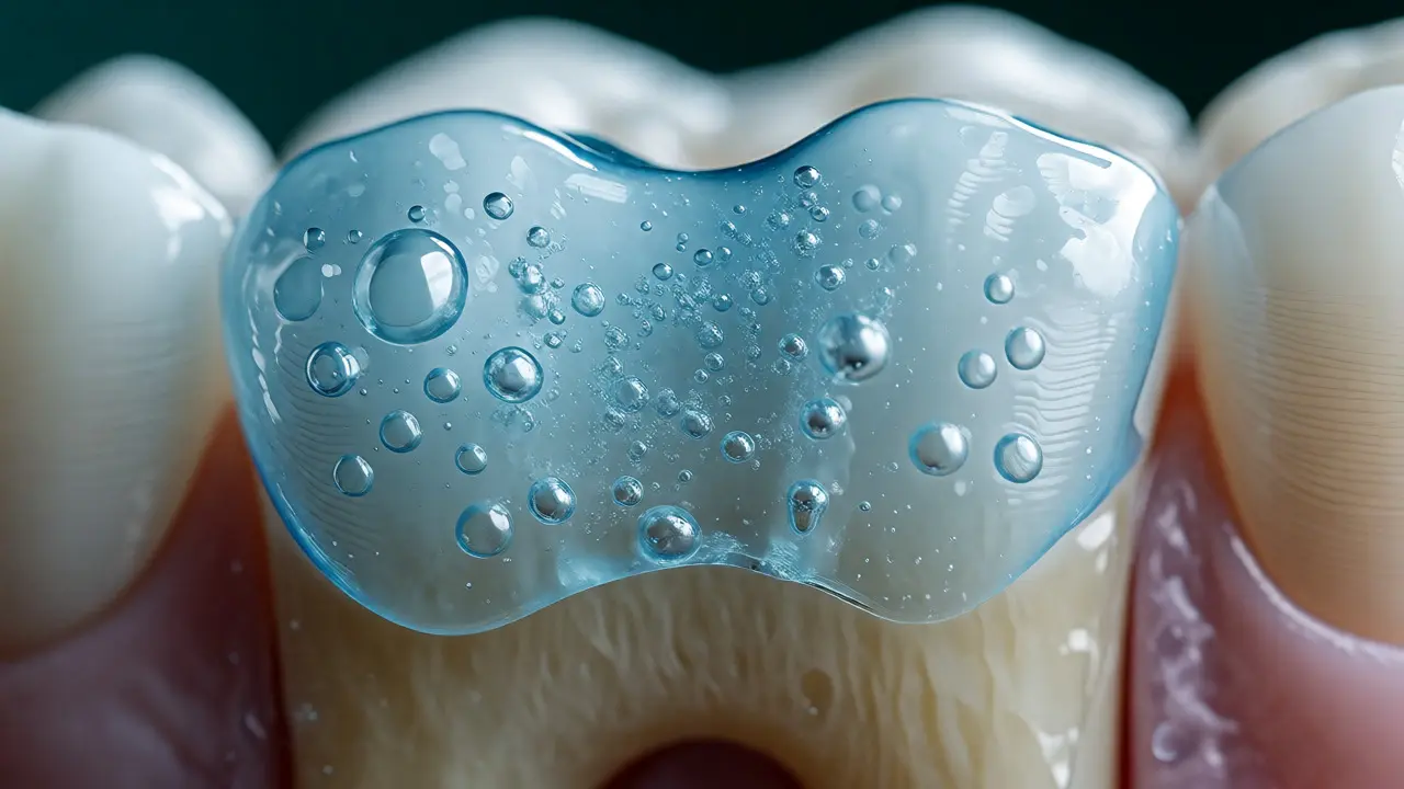 Detailní pohled na bělící gel působící na sklovinu zubu