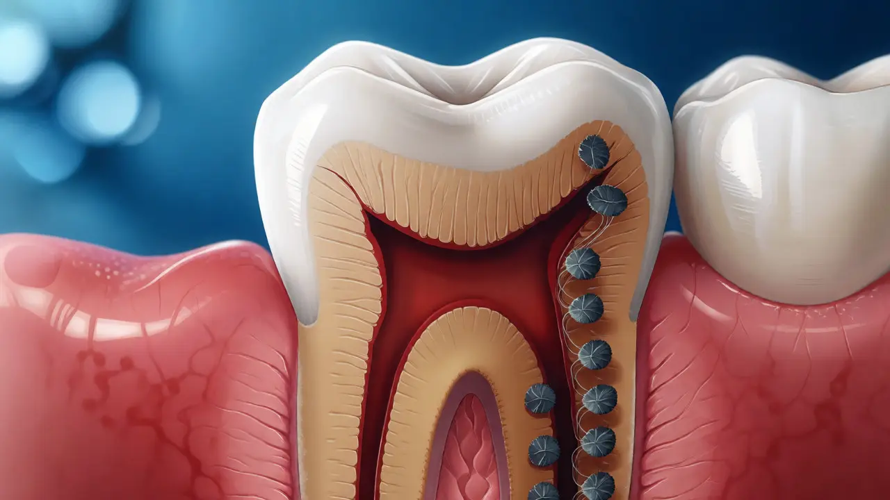 Detailní řez předním zubem ukazující kazu v dentinu a zanícené dásně.