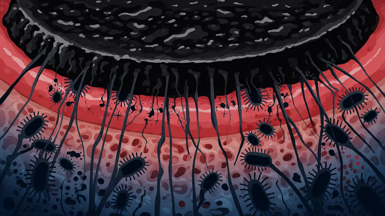 Ilustrace zánětu dásní a kosti pod vrstvou zubního kamene