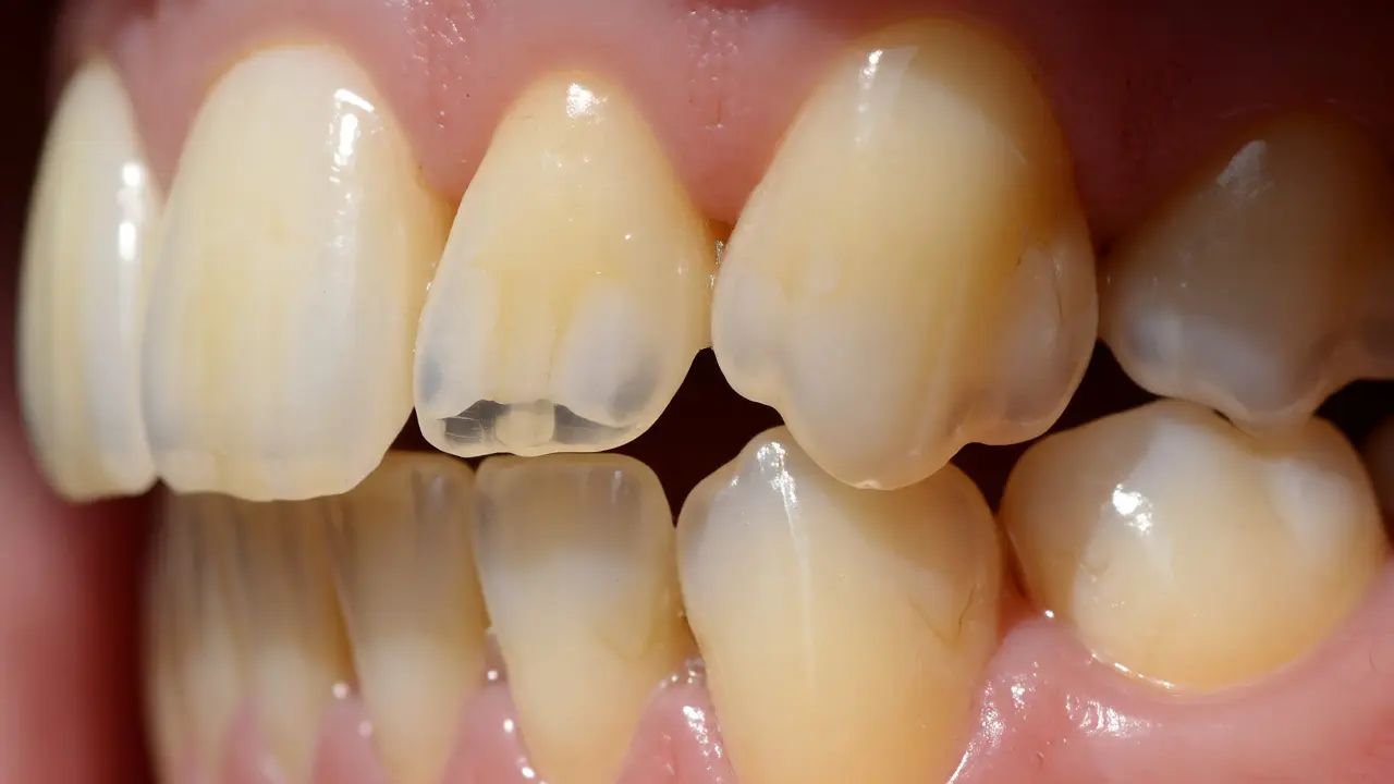 Průsvitné okraje zubů odhalující žlutý dentin kvůli erozi