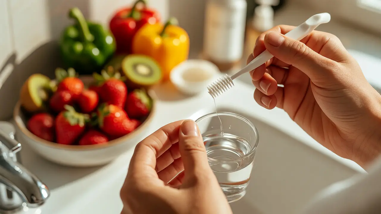 Ruce s mezizubním kartáčkem a ovoce bohaté na vitamín C