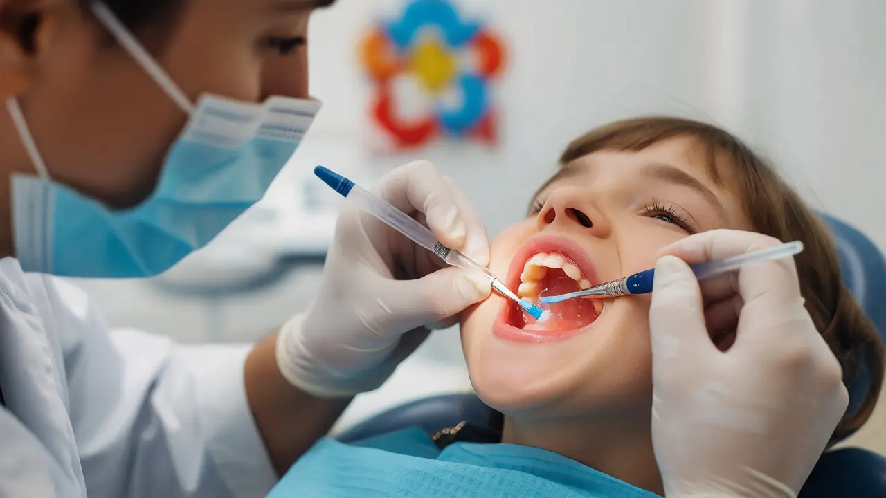 Zubař aplikuje fluoridový lak na žvýkací plochy zubů dítěte